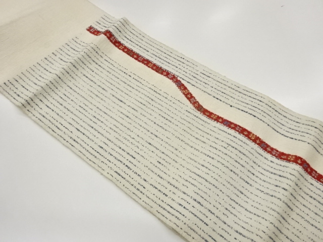 手織り真綿紬変わり縞に小花模様織出し名古屋帯